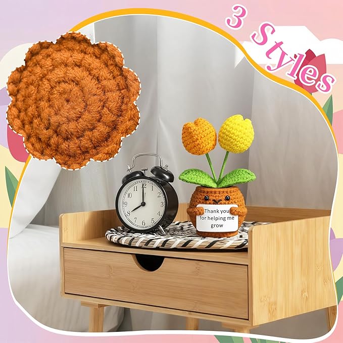 Wavwavw 3 Pack Teacher Appreciation Gift Positive Flower Handmade Crochet Doll Thank You for Helping Me Grow Gifts Back to School Gifts for Women Teacher(Tulip)