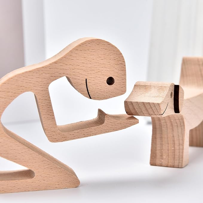 ISHINE Wood Decor Wooden Statue Man and Dog Figurine Handmade Carved Creative Home Office Gift for Men Women Accents Decoration Natural ECO Friendly 7x3 inches (A-Man Kisses Dog)