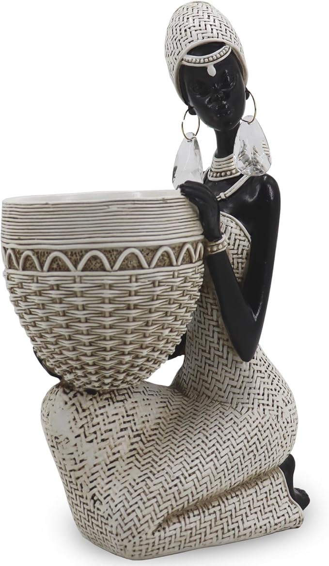 Lescafita Handmade White African Tribal Woman Sculpture - Crystal Earrings & Basket Statue, Ivory Resin Home Decor for Modern Shelves/Tables, Elegant Housewarming Gift (9.65" H)