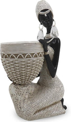 Lescafita Handmade White African Tribal Woman Sculpture - Crystal Earrings & Basket Statue, Ivory Resin Home Decor for Modern Shelves/Tables, Elegant Housewarming Gift (9.65" H)