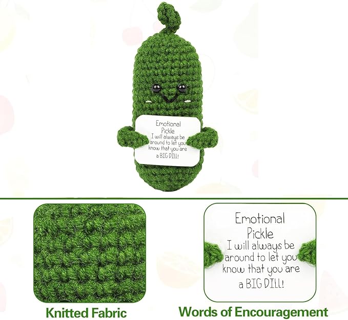 DAFURIET Mini Funny Pickle, 3 inch Knitted Wool Doll with Card for Cheer Up Galentines Valentine’s Gifts and Party Decorations, Cute Emotional Crochet Pickle for Birthday Easter