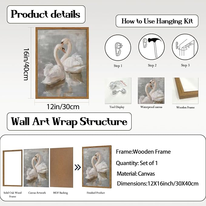 Framed Vintage Swan Canvas Wall Art, Romantic White Swan Paintings Wall Decor, Rustic Animal Pictures Prints Farmhouse Home Decor for Living Room Bedroom 12x16 inch