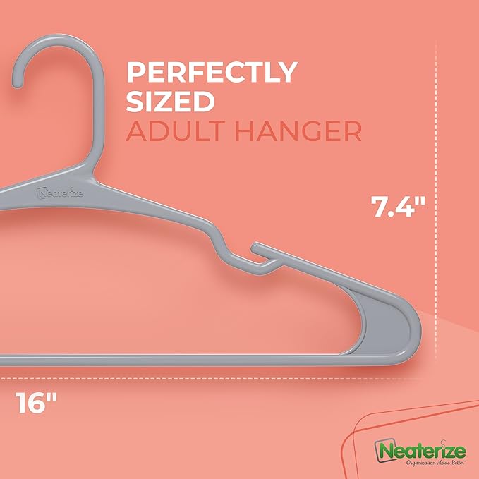 NEATERIZE Clothes Hangers Plastic 20 Pack for Adults - Plastic Hangers, The Perfect Coat Hanger and Space Saving Clothes Hangers for Closet, Percheros Ganchos para Colgar Ropa Hangars - Grey Hangers