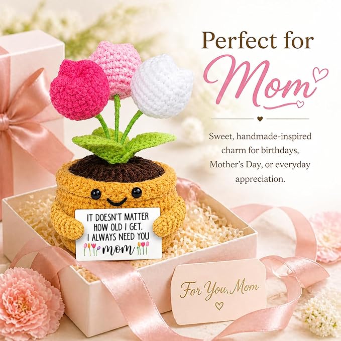 Velyra Tulip Crochet Doll, Handmade Style Emotional Support Plush Toy Figure, I Always Need You Mom Positive Flower Pot Doll, Mother's Day Birthday Gift from Daughter Son, Desk Shelf Decor