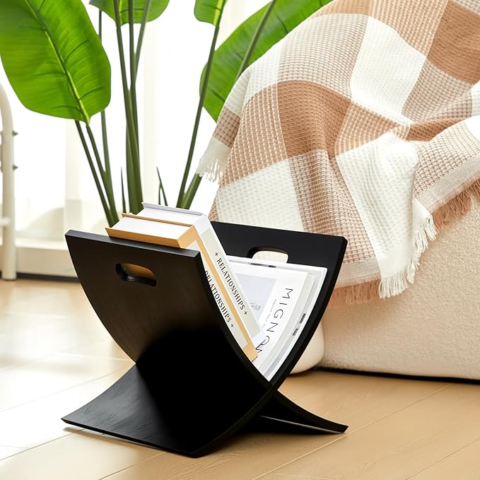 AceOrbit Black Freestanding Wooden Magazine Rack Vertical Floor Magazine Display Bathroom Newspaper Holder Stand for Home, Bathroom, Office, Bedroom, Living Room