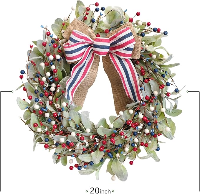 TEMPUS 20" Patriotic Wreath for Front Door - 4th of July Independence Day Decor with Red White Blue Berries & Lamb's Leaves - Memorial Day Labor Day Home Decoration