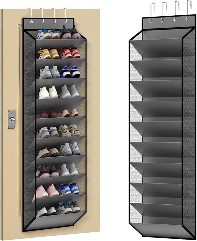 KEEPJOY 10 Tiers Mesh Over Door Shoe Organizer Storage, Hanging Shoe Holder for Door with Large Deep Pockets, Holds 20-30 Pairs of Shoes, Ideal for Sneakers & Boots.(Grey)