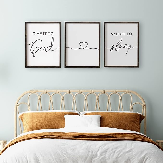 Set of 3 Framed Farmhouse Give it to God and Go to Sleep Signs 11x14” Above Bed Wall Decors for Bedroom Wood Signs (11x14 inches, Black)