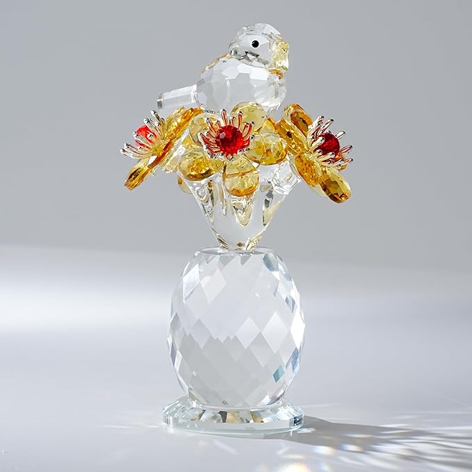 Crystal Bird & Forget-Me-Not Flower Figurine,3x4 inch Glass Flower Collectible Ornaments for Home Decor Table Centerpiece Glass Bouquet Flowers Keepsake Gifts for Women （Yellow）