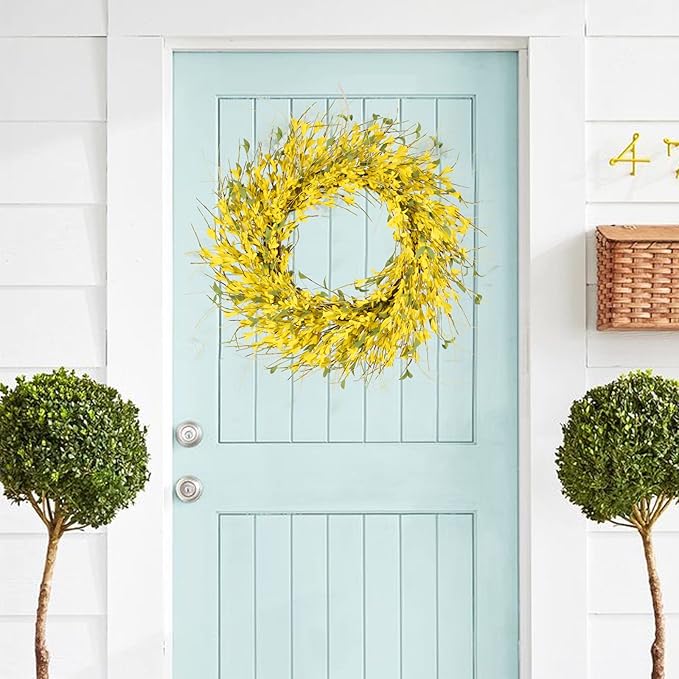 GTIDEA 24" Spring Summer Wreaths for Front Door Artificial Forsythia Flower Wreath on Grapevine Yellow Door Wreath Floral Wreath for Home Indoor Wall Window Garden Porch Farmhouse Decor