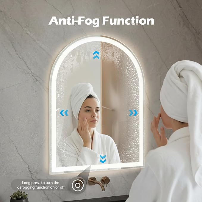 Sweetcrispy 24“ x 32” LED Bathroom Backlit Mirror with Lights, Arched Vanity Mirror with Anti-Fog, Dimmable, 3-Color Light, Memory Function, Tempered Glass