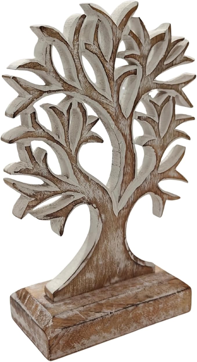 VANIYA CRAFTS® Wooden Tree of Life Decor – Handmade Carved Sculpture Statue for Home Decor, Living Room, Bedroom, Office Desk, or Shelf Display (Antique White)