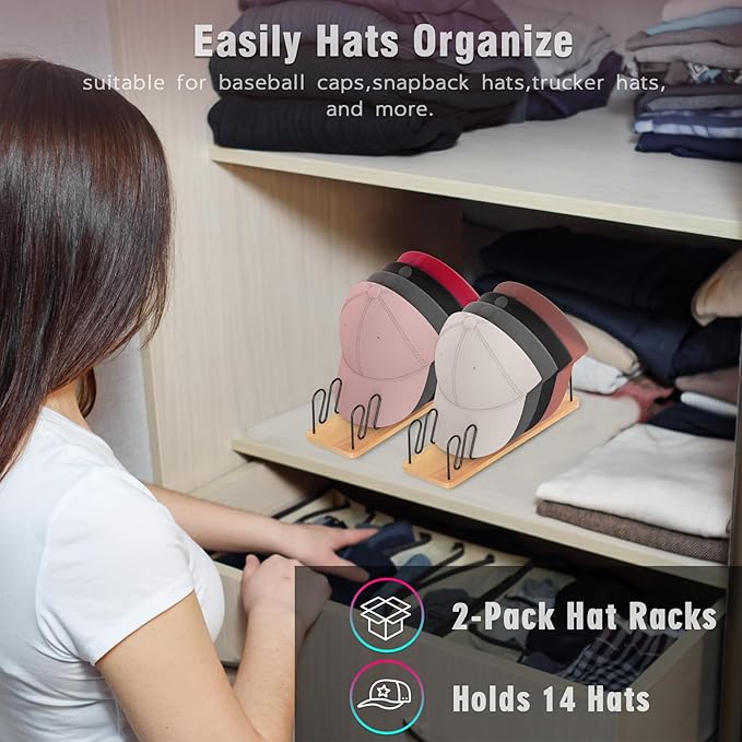 Hat Organizer for Baseball Caps-2 PacK | Wood & Metal Hat Rack Holds 14 for Baseball Caps | Space-Saving Closet Shelf Organizer for Bedroom, Dresser, Entryway