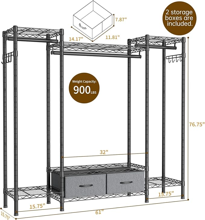 Coat Rack Clothes Wardrobe：Closet Organizer and Storage Clothing Garment Rack with Shelves Heavy Duty for Hanging Clothes Portable Adjustable Black 15.8" DX56.8 WX76.5 H
