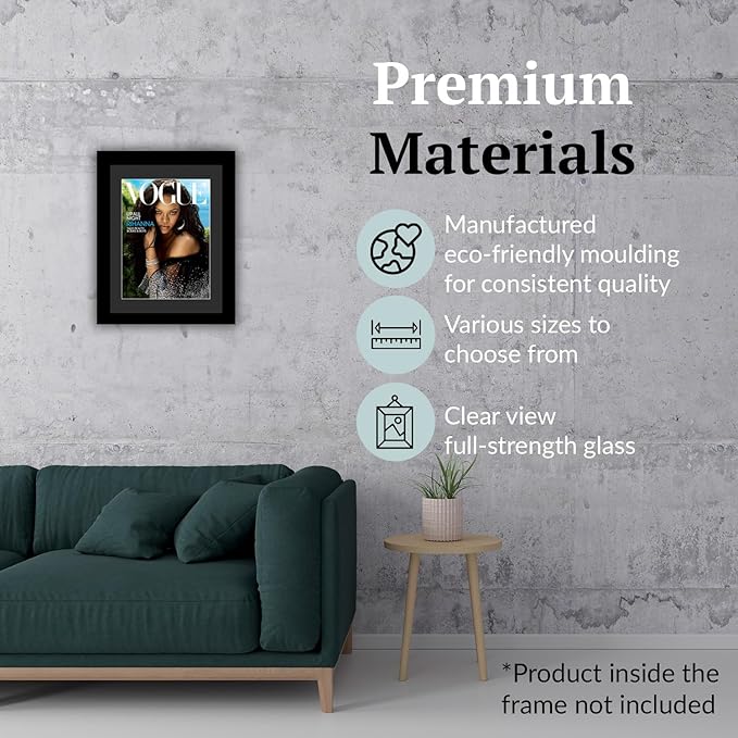 Creative Picture Frames 8.75 x 11.25 Magazine Frame with Full-Strength Glass, Holds Up To A 1/4" Thick Media with Installed Hangers for Easy Mounting, 11x14 Manhattan Black Frame with Black Mat
