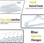 Blue and Gold Hangers for Clothes 40 Pcs, 16" Wide Clear Hangers for Men's Shirt, Women's Gown Dress, Youth Suit, Hoodie, Plastic Hanger with Swivel Hook, Thin Clothing Rack for Dorm Room Essentials