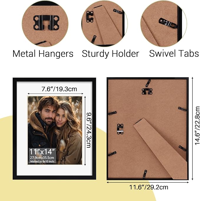 Rempry 11x14 Picture Frame, Display Pictures 8x10 with Mat or 11x14 Without Mat, Wall Hanging or Tabletop Photo Frame with Shatter Resistant Plexiglass, Black, 1 Pack