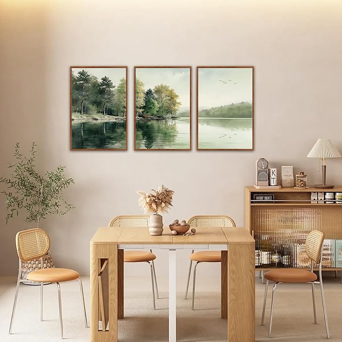 KAIRNE Framed Nature Canvas Wall Art Set,Misty Forest Wall Decor,Green Mountain Forest Pictures,Lake Water Painting set of 3(24”x36”),Landscape Scene Print for Living Room, Bedroom,Gallery Decor