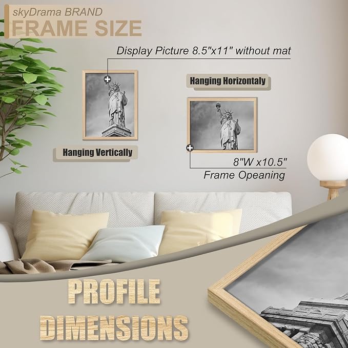 Natural Solid Wood 8.5x11 Picture Frame, Display 8.5 x 11 Inch Picture Poster Photo, Vertical & Horizontal Wall Hanging - 2 Pack/Natural/8.5"x11"