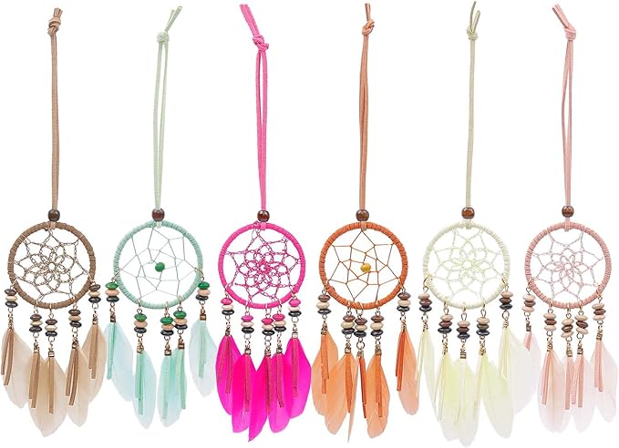 Mini Dream Catcher 6pcs Set - Car Interior Rearview Mirror Dangle Bag Pendant Charm 1.2" Diameter and 9" Long (Diameter 2.1“ 6pcs)