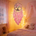 Dream Catcher Wall Hanging Decor for Bedroom Aesthetic, Handmade Traditional Wall Art with Feathers for Living Room, Nursery, Good Vibes Gift for Women,Girls,Home Decoration Wedding Party (Pink Tree)