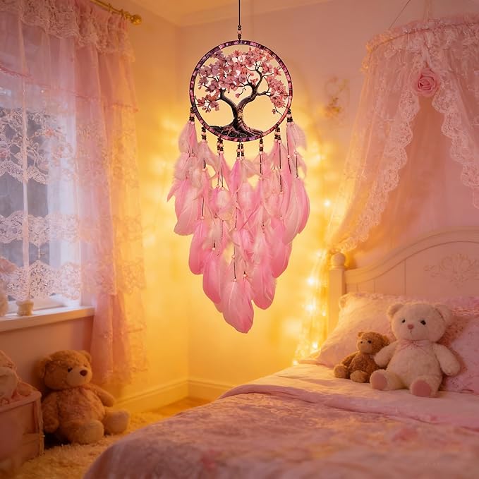 Dream Catcher Wall Hanging Decor for Bedroom Aesthetic, Handmade Traditional Wall Art with Feathers for Living Room, Nursery, Good Vibes Gift for Women,Girls,Home Decoration Wedding Party (Pink Tree)