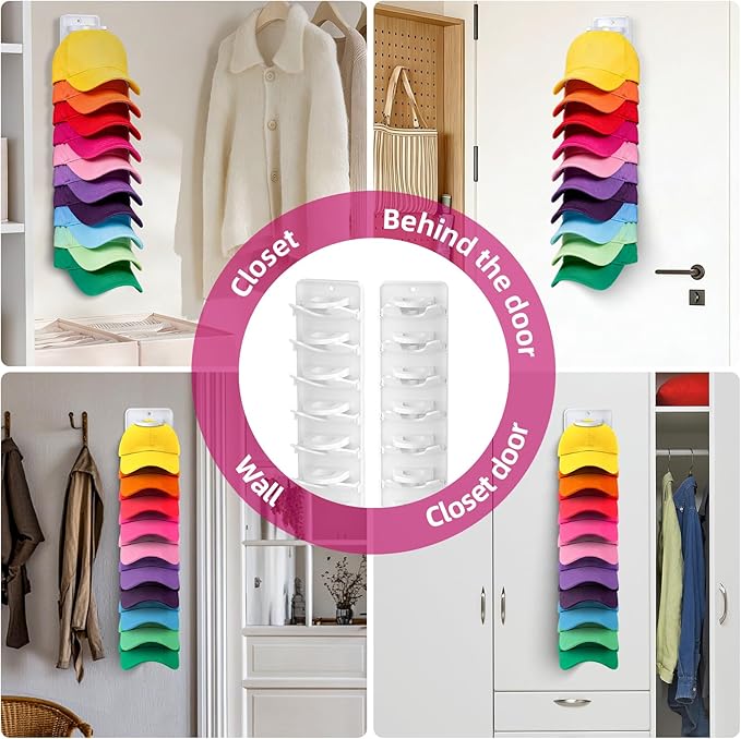 Spring Clip Hat Organizer for Baseball Caps – 2 Pack, Wall Hat Rack for Door & Closet – Keeps 20 Hats Tidy in Garage, Dorm, Man Cave – Multi-Layer Cap Storage (White)