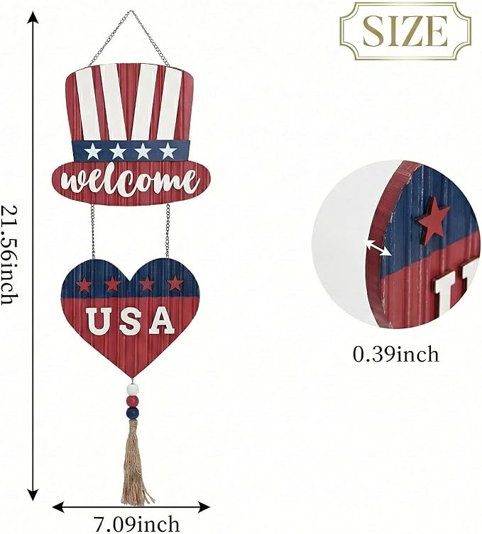 Valery Madelyn 4th of July Wreath, Patriotic Wreath for Front Door, Red White and Blue Top Hat and Heart Wall Signs for Memorial Day Independence Day USA 250th Anniversary, 22 inch