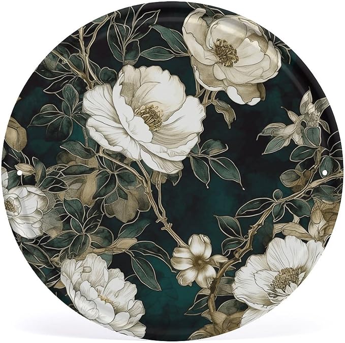 Wall Picture, with White Flowers Printed Circular Iron Hanging Picture,Wall Art Decor,Home for Bedroom Living Room Bathroom Decor,Iron Painting 11.8X11.8 in