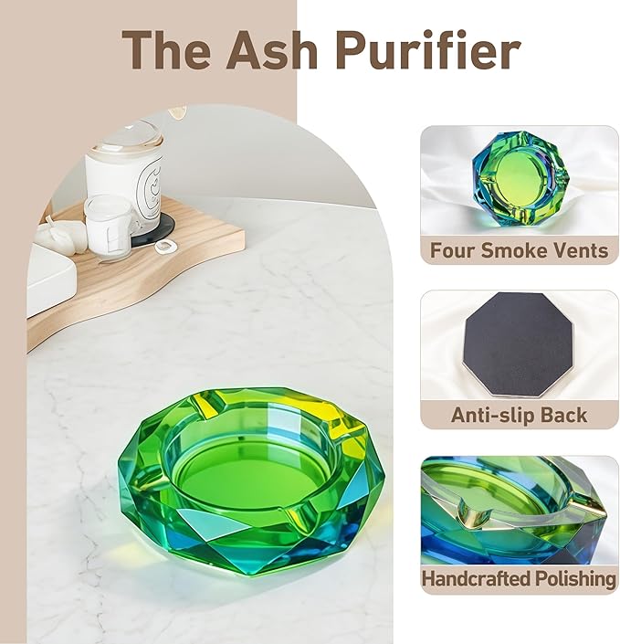 Coomin 5.9in Large Crystal Glass Ash Tray, Sparkly Cigarettes Cigar Ashtray, Ashtrays for Smokers Indoor Women Home Desktop Tabletop, Gifts for Men Women, Green