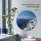 Wall Picture, with Santorini Greek Island Sea View Printed Circular Iron Hanging Picture,Wall Art Decor,Home for Bedroom Living Room Bathroom Decor,Iron Painting 11.8X11.8 in