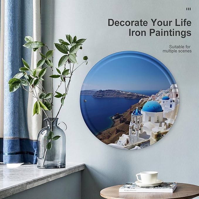 Wall Picture, with Santorini Greek Island Sea View Printed Circular Iron Hanging Picture,Wall Art Decor,Home for Bedroom Living Room Bathroom Decor,Iron Painting 11.8X11.8 in