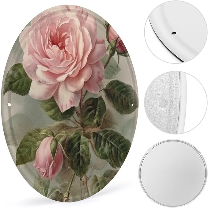 Wall Picture, with Vintage Beautiful Rose Printed Circular Iron Hanging Picture,Wall Art Decor,Home for Bedroom Living Room Bathroom Decor,Iron Painting 11.8X11.8 in
