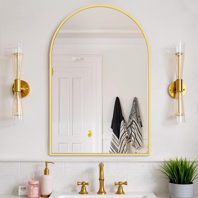 Bathroom Mirror for Wall, 38x26 Inch Arched Mirror, Matte Gold Metal Framed Bathroom Vanity Mirror for Restroom Farmhouse, Anti-Rust, Tempered Glass, Hanging or Leaning