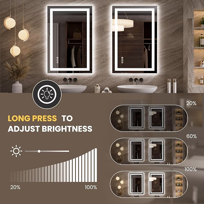 LOAAO 23.6"x35.4" LED Mirror for Bathroom, Lighted Bathroom Mirror with Lights, Anti-Fog, Dimmable, Memory Function, Clear Reflection