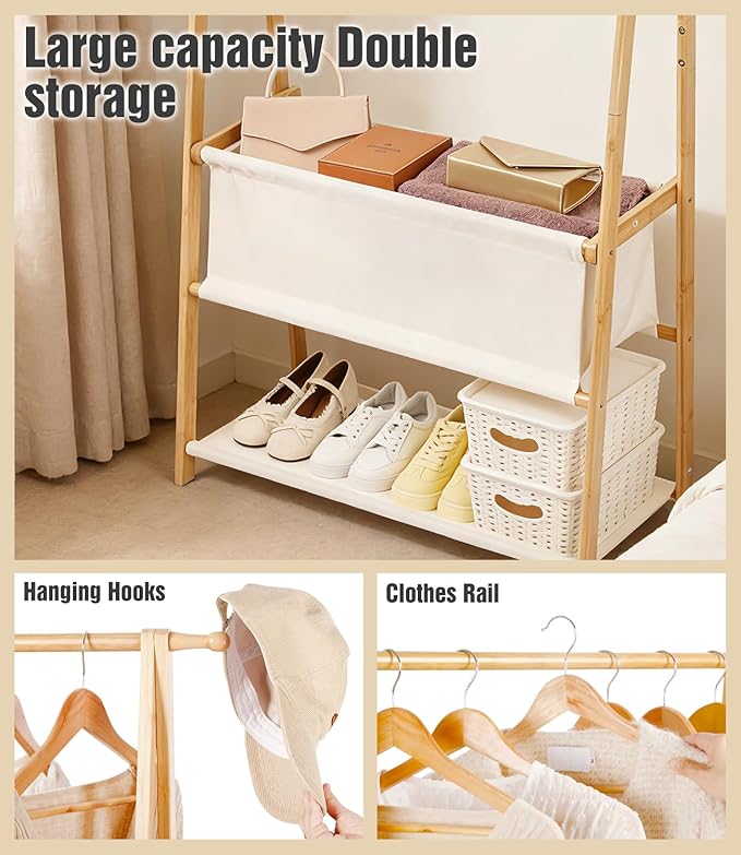 Bamboo Clothes Rack with Storage Box and Storage Shelf, Portable Extra Large Garment Rack Clothing Rack, Foldable Wardrobe For Entryway and Bed Room (M - 39.4 Inch)