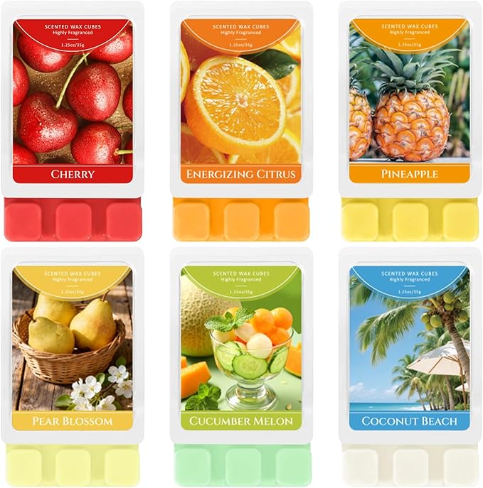 SCENTORINI Wax Melts, Scented Wax Cubes for Wax Warmers, Summer Scent, Coconut Beach, Pear Blossom, Cherry, Cucumber Melon, Pineapple, Energizing Citrus, 6 Pack