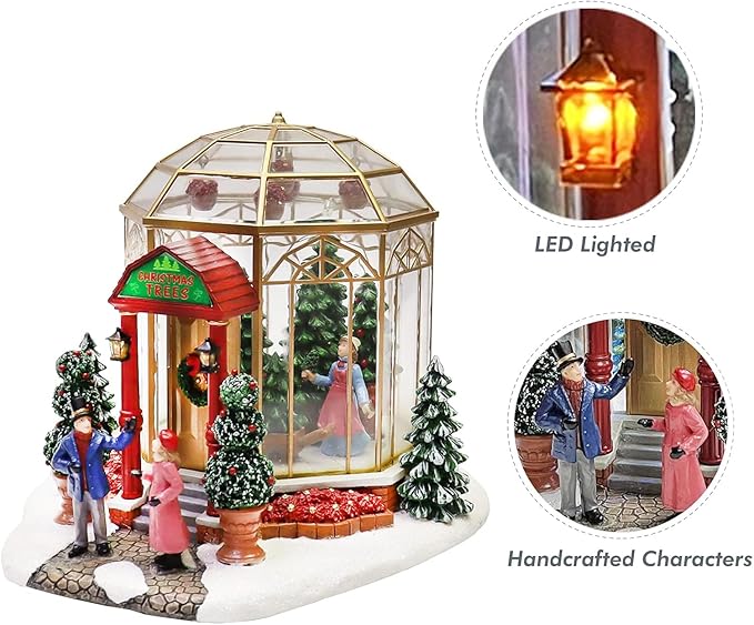 Christmas Village Lighted Tree Shop by Moments in Time LED Musical Holiday Building with Battery Operation, Handcrafted Décor for Christmas Village Display 7.5”