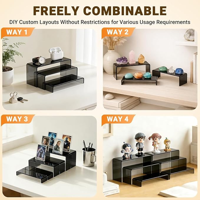 FUNFERY Acrylic Display Risers, 2 Set(7.8" L~8.2" L~8.6" L~9”L~9.3”L) Display Shelf for Figure, Collectibles, Cupcake, 5-Tier Clear Acrylic Stands for Dessert, Jewelry, Candy Showcase