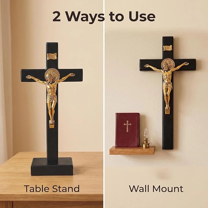 PHYUKEY St. Benedict Standing Crucifix 10.75in, Wooden Wall Cross with Golden Alloy Jesus Christ & INRI, Catholic Tabletop Crucifix with Detachable Stand - Confirmation & Home Altar Decor