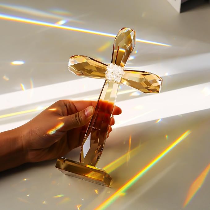 YWHL Champagne Crystal Standing Cross Figurine, Religious Gifts for Women Men, Handmade Glass Holy Easter Cross Collectible Figurines Decoration, Christian Cross for Home Office Decor