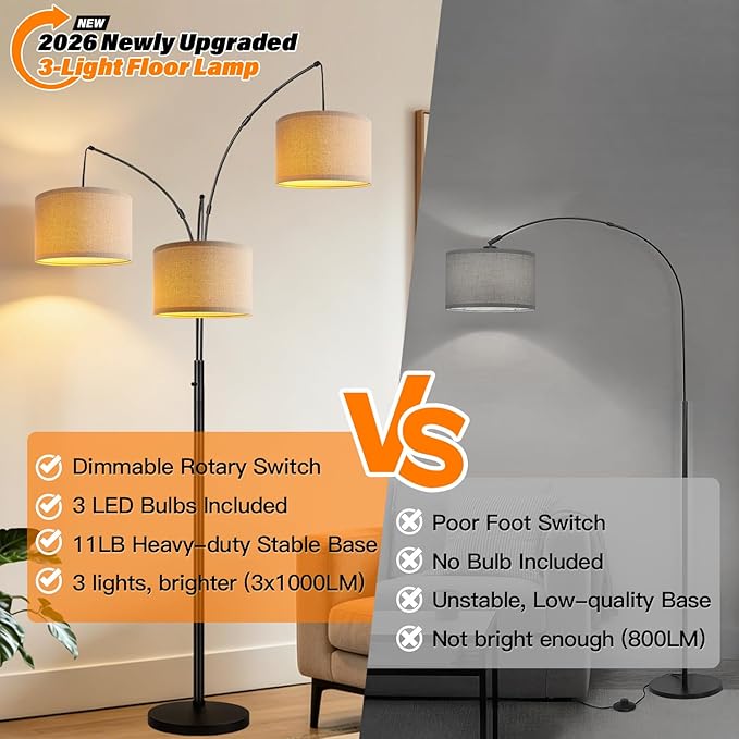 Dimmable 3 Lights Floor Lamp - 3000LM Super Bright Arc Floor Lamps for Living Room, Modern Tall Standing Lamp With Beige Shades, Mid Century Tree Floor Lamp for Bedroom Office, 3 LED Bulbs Included