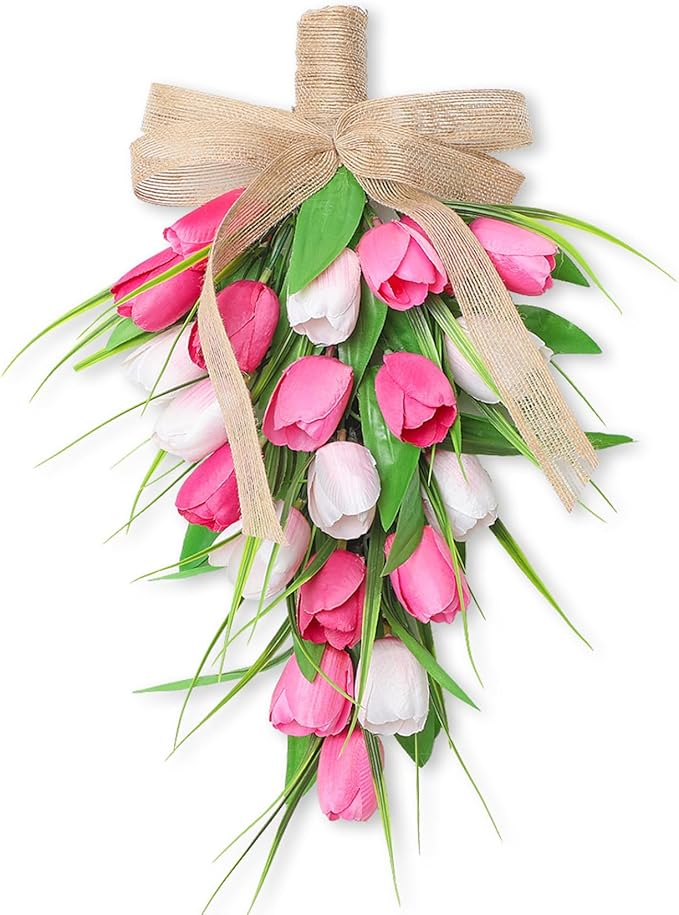 Spring Swags for Front Door Artifical Tulips Teardrop Swag with Burlap Bow Hanging Decorative Easter Wreath for Porch Wall Mother's Day 8.7x15.8 inch