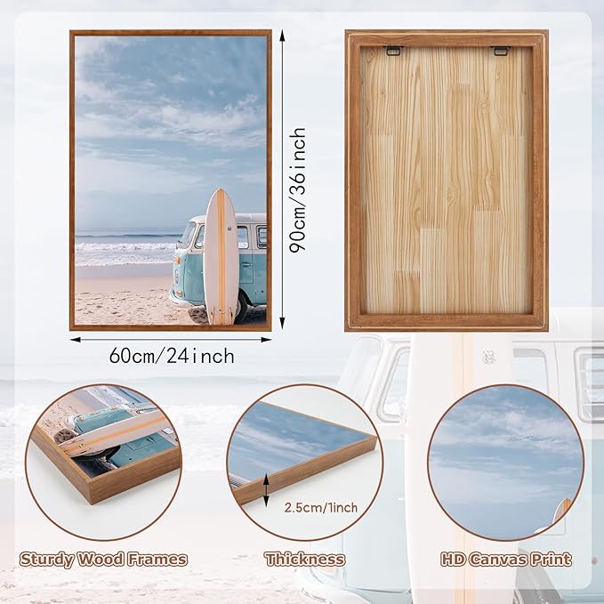 KAlRNE Coastal Seascape Wall Art Set of 3(24”X36”),Modern Ocean Beach Wall Decor,Seaside Holiday Surfboard Framed Canvas Paintings,Vintage Bridge Blue Bus Art Prints For Living Room Bedroom Office