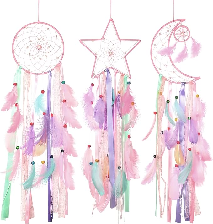 Jetec 3 Pcs Dream Catcher Moon Sun Star Design Handmade Traditional Design Craft Ornament Wall Art Hanging Home Decoration Bedroom Wedding(Pastel Color)