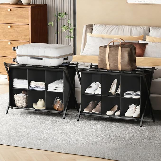 Luggage Rack for Guest Room, Set of 2, Folding Suitcase Stand with 6-Cube Fabric Storage Shelf, Luggage Holder, Steel Foldable Luggage Stand for Guest Room, Bedroom, Hotel, Black