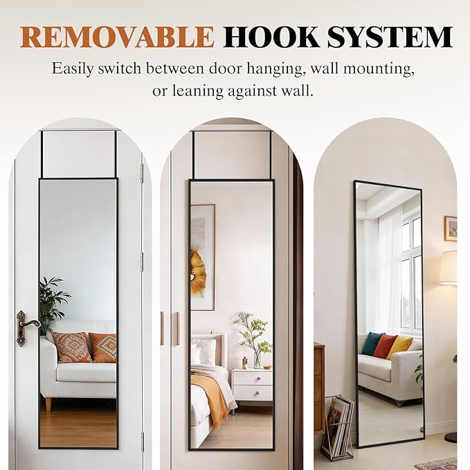 DUMOS 47x14 Inch Full Length Mirror Over the Door, Wall Mounted Full Body Mirror, Door Hanging Metal Aluminum Alloy Frame Dressing Mirrors for Bedroom, Living Room, Entryway, Black