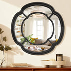 Black Wall Mounted Mirror, Irregular Circle Hanging Mirror Wooden Wavy Framed Round Decorative Mirrors for Hallway Entryway Vanity Decor 20 Inch Mirrors