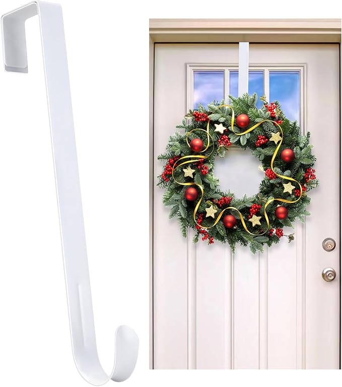 12” Metal Over The Door Wreath Hanger for Front Door – Non-Scratch Door Hook for Hanging Christmas Wreaths, Holiday Decor & Welcome Signs, Durable Wreath Hanger Hooks for Home Decoration, White