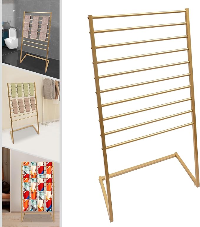 Scarf Display Stand, 10 Tier Metal Scarf Holder Organizer, Freestanding Scarf Rack, for Hanging Towels, Scarves, Clothes, Shawls, Blankets, Bandana, for Commercial Clothing Retail Store (Gold)